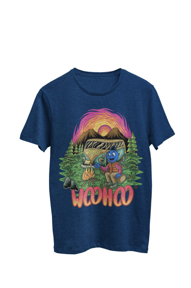 WooHooBerry enjoying the outdoors by roasting marshmallows over an open fire during a camping trip. He's dressed in a winter coat, and his Volkswagen camper van stands nearby. The navy T-shirt proudly features the text 'WooHoo.' Embracing the outdoor sports and camping experience with warmth and joy.